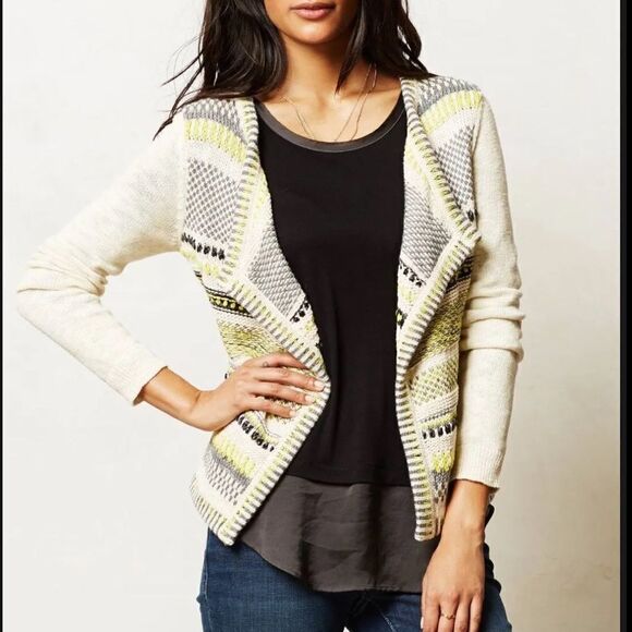 Anthropologie Moth Chaux Yellow Grey Knit Open Cardigan Size Small - Picture 3 of 6